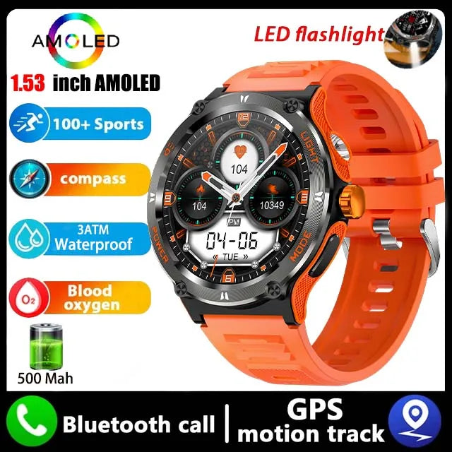 2024 New For Huawei Xiaomi AMOLED Smart Watch Men Rugged Military Bluetooth Call GPS Track 500Mah 3ATM Waterproof Smartwatch