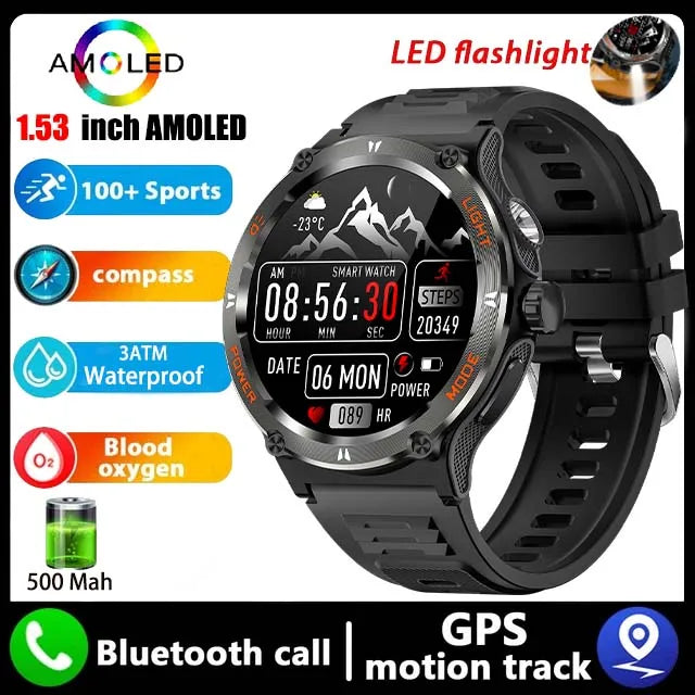 2024 New For Huawei Xiaomi AMOLED Smart Watch Men Rugged Military Bluetooth Call GPS Track 500Mah 3ATM Waterproof Smartwatch