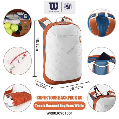 Wilson 2024 French Open Super Tour Soft Leather Tennis Racket Backpack 2PK Streamlined Tennis Bag With Thermoguard Ecru White