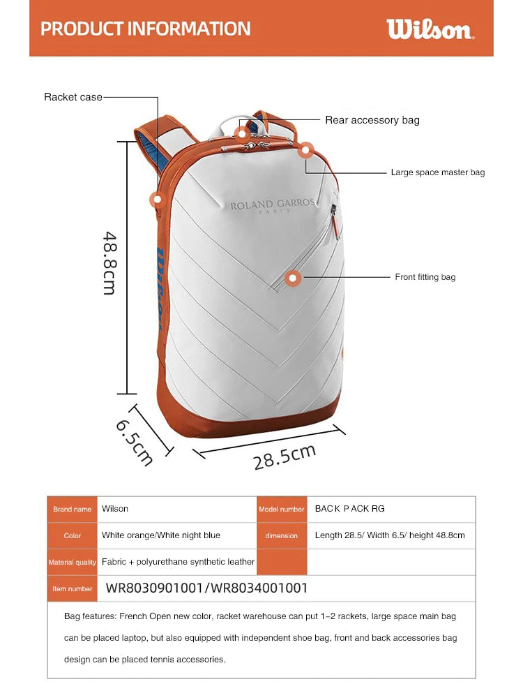 Original Wilson Tennis bag multi-functional backpack large capacity with independent shoe compartment insulated compartment