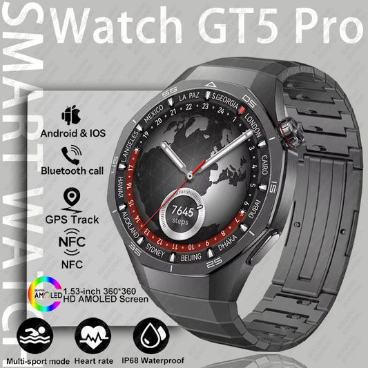 For Huawei Xiaomi GPS NFC Smart Watch Men GT5 Pro AMOLED HD Screen Heart Rate Bluetooth Call IP68 Waterproof SmartWatch 2025 New