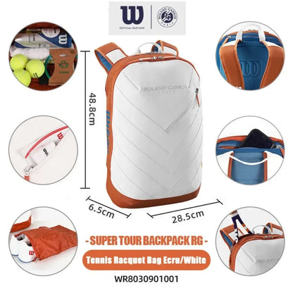 Wilson 2024 French Open Super Tour Soft Leather Tennis Racket Backpack 2PK Streamlined Tennis Bag With Thermoguard Ecru White