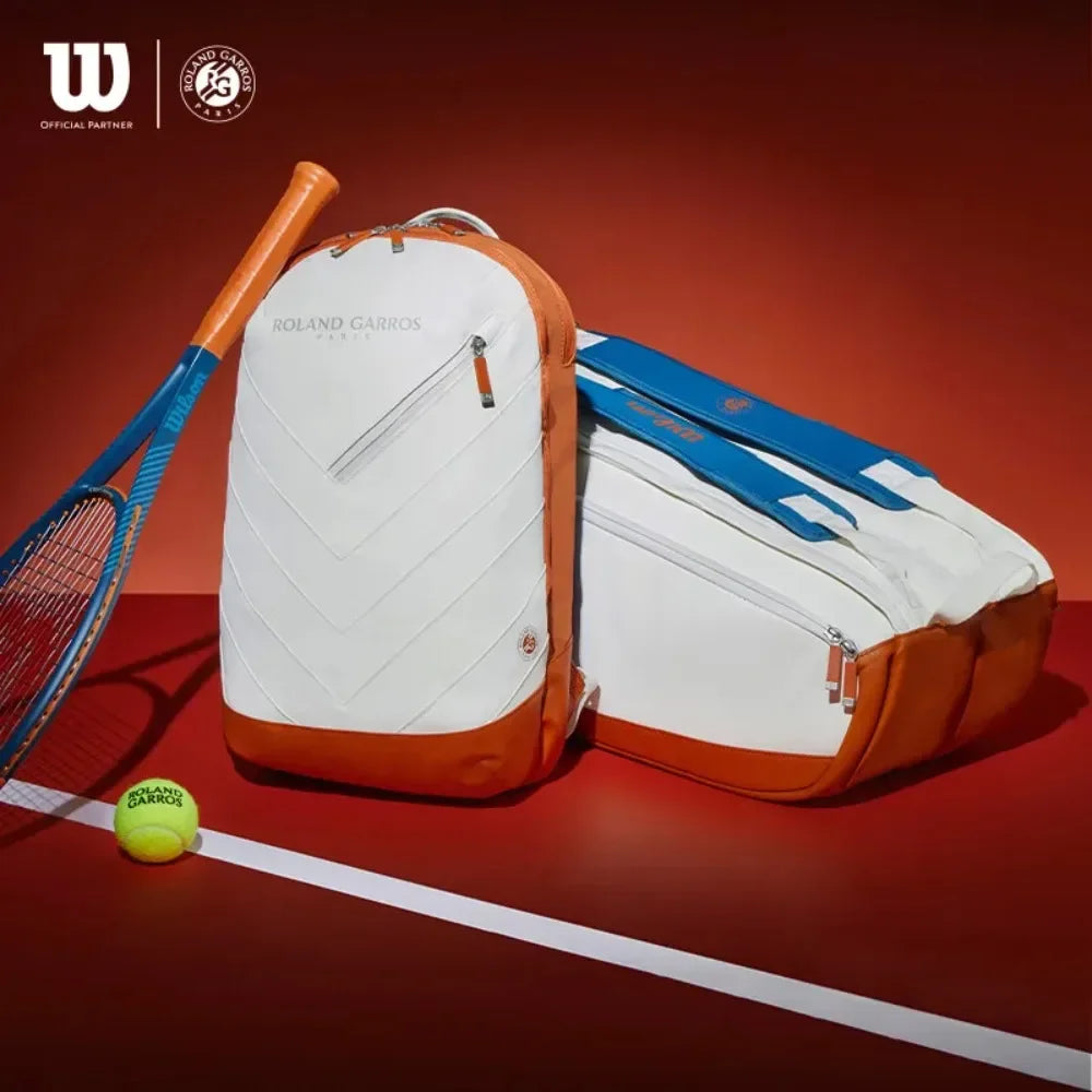 Wilson 2024 French Open Super Tour Soft Leather Tennis Racket Backpack 2PK Streamlined Tennis Bag With Thermoguard Ecru White