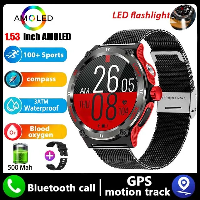 2024 New For Huawei Xiaomi AMOLED Smart Watch Men Rugged Military Bluetooth Call GPS Track 500Mah 3ATM Waterproof Smartwatch