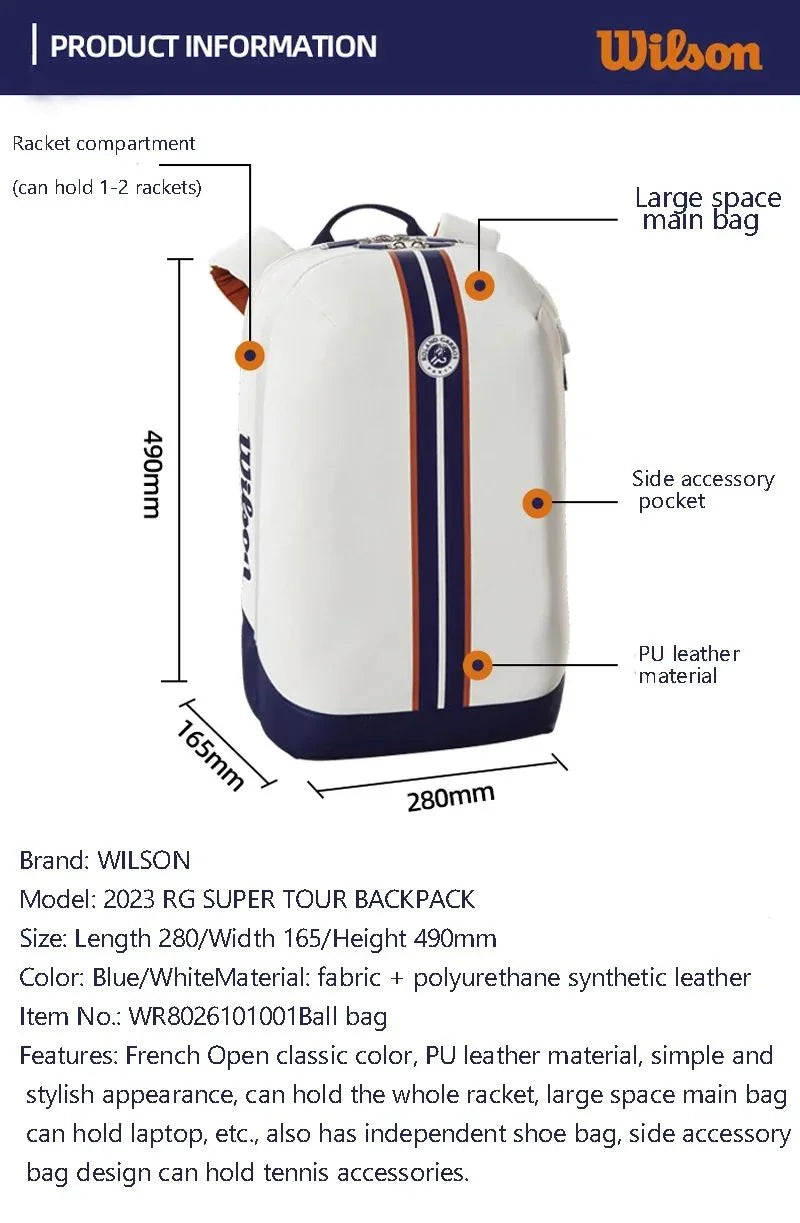 Wilson Super Tour Roland Garos 2023 Tennis Racket Bag Large Capacity Unisex Racket Backpack with Partial Racquet Compartment