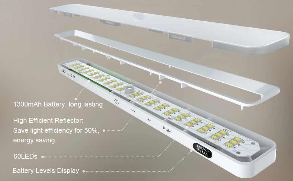 WILLED  Motion Sensor Cabinet Light Battery Display 60 LED Touch Light Bar Wireless Rechargeable Battery Night Light